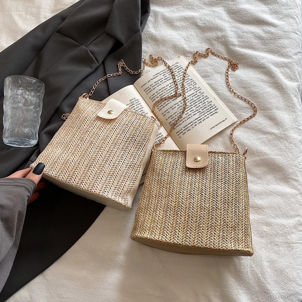 

Women's Bucket Bags Fashion Design Straw leather Crossbody Shoulder Bag Women Summer Rattan Bag Handmade Woven Beach Handbag
