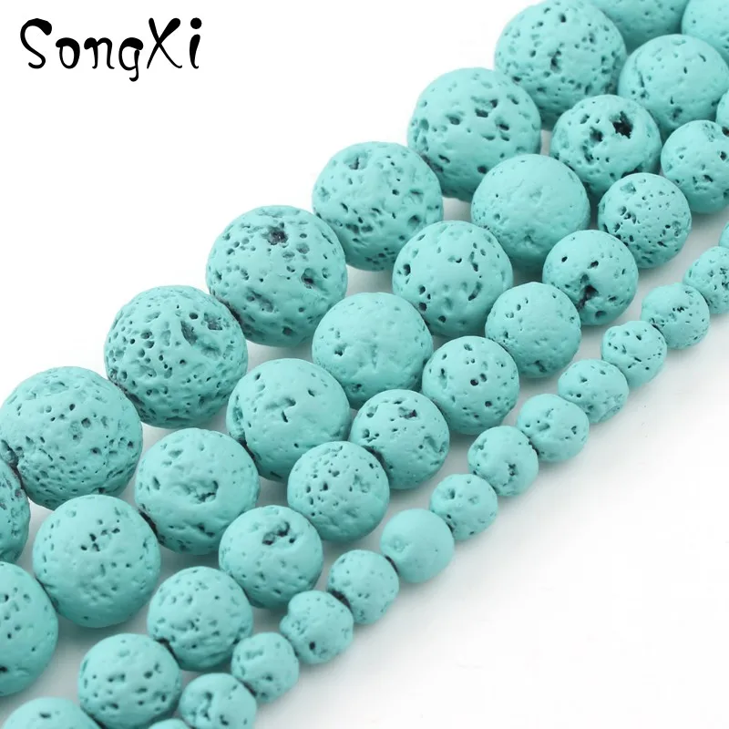 Натуральные вулканические каменные бусины из лавы с туркоизным цветом и резиновым круглым профилем для создания украшений DIY браслетов и ожерелий 4 6 8 10 мм, длиной 15 дюймов.