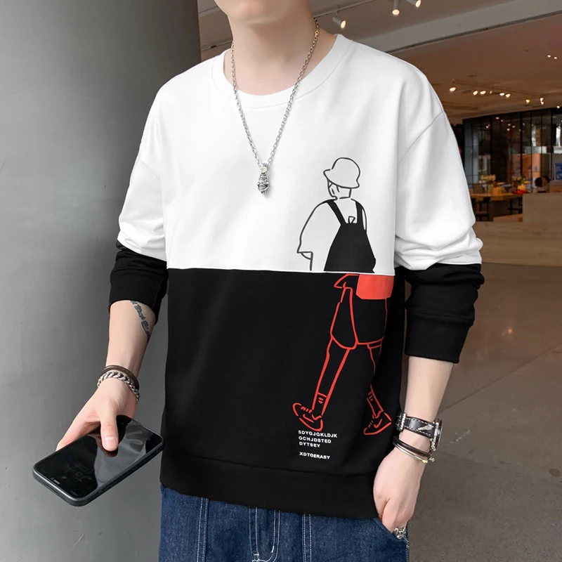 Harajuku Sweatshirts Men 2021 New Fashion Korea Trend Long Sleeve 4Color Hoodie Mens Casual O-Neck Print Patchwork Sweatshirt