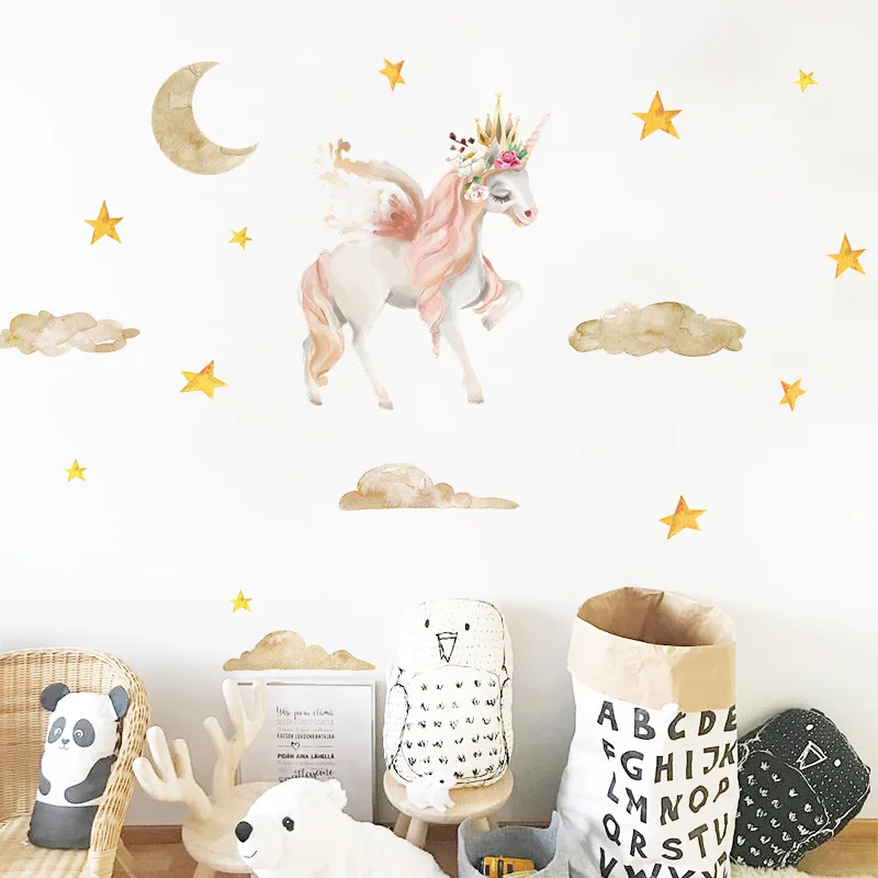 Акварель Наклейка на стену в форме единорога детской комнаты настенный Декор