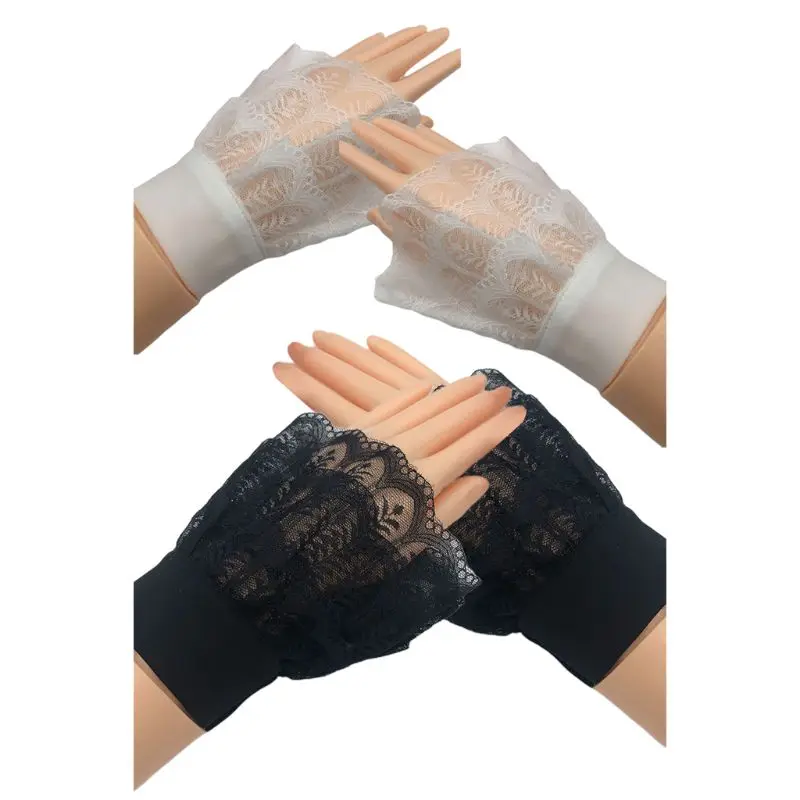 

Women Girl Layered Sheer Lace Horn Cuffs Leaves Patterned Detachable Fake Sleeve