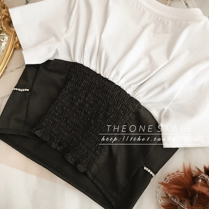 

2021 Summer New Retro Rhinestone Chain Fake Two-Piece Top Female Fashion Round Neck Short Stitching T-shirt for Ladies