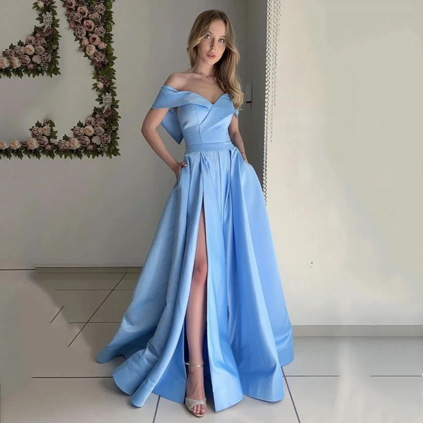 

Thinyfull 2020 небесно-голубое вечернее платье до пола с открытыми плечами, сексуальные вечерние платья с Боковым Разрезом для выпускного вечера, ...