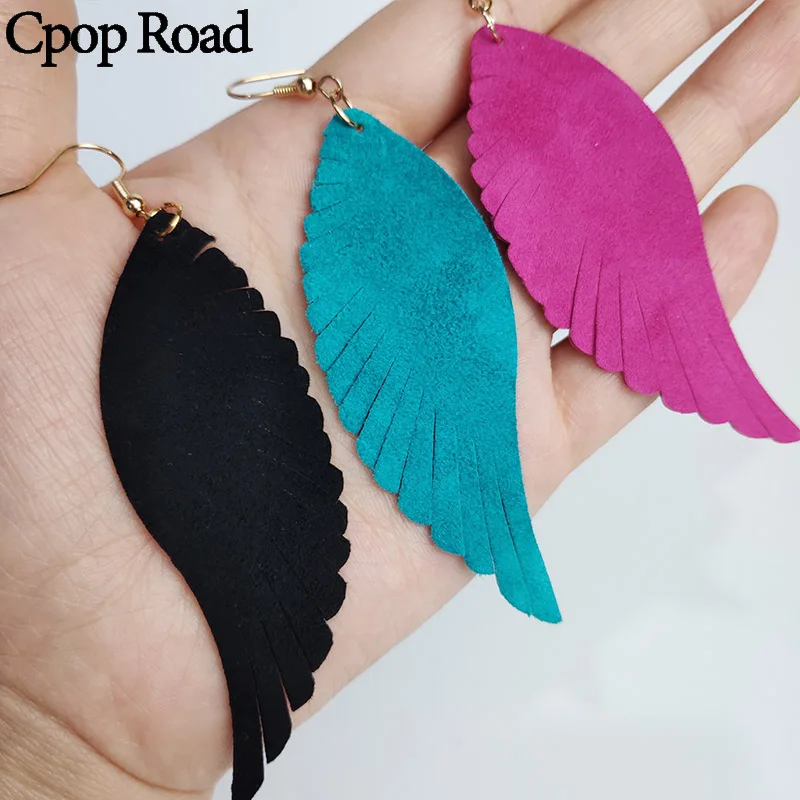 

Cpop Trendy Feather Wing Genuine Leather Earrings Women Nature Solid Color Elegant Dangle Earrings Fashion Jewelry Accessories