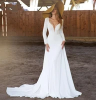 sexy v neck wedding dresses 2022 bridal gowns full sleeve brush train vestidos de noiva back buttons beach robe mariage