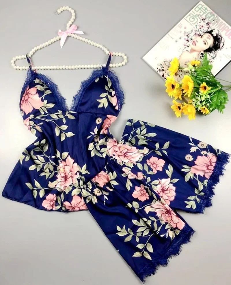 

Sexy Women Satin Printing Pijama Nightie Sleepwear Suspender Shorts Set Home Clothes Pjs Womens Two Piece Sets