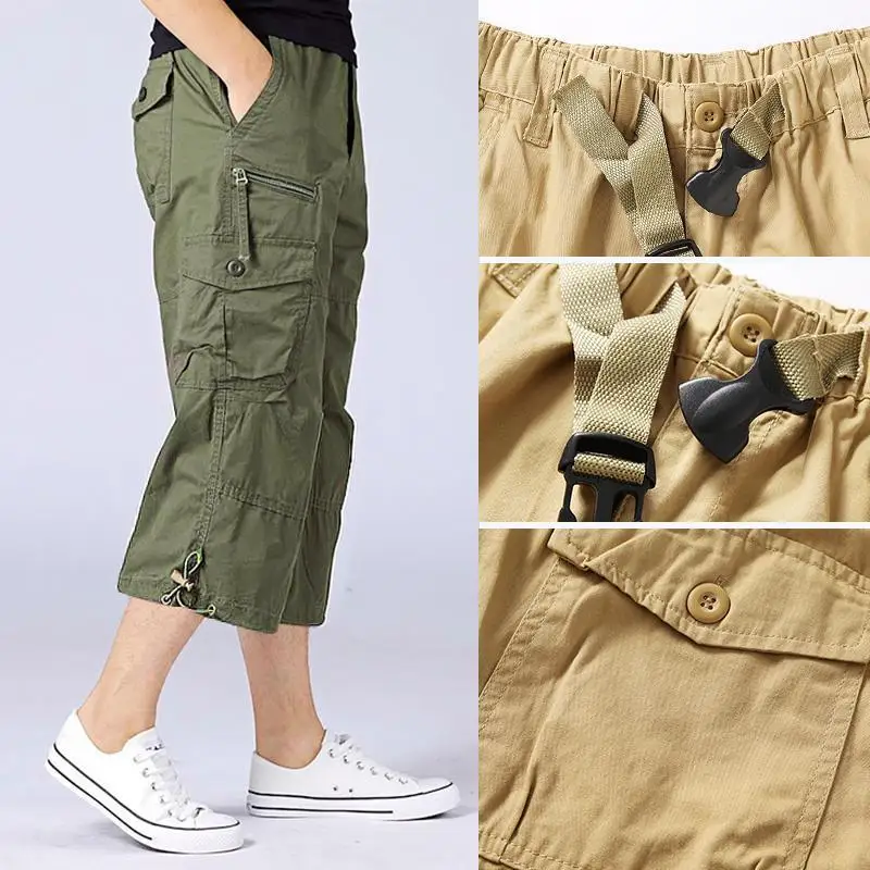 Summer Men's Casual Cotton Cargo Shorts Overalls Long Length Multi Pocket Hot breeches Military Capri Pants Male Tactical Short