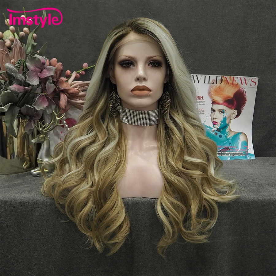 Imstyle Blonde Mixed Wig Synthetic Lace Front Wig Daily Wigs For Women Heat Resistant Fiber Glueless Natural Wavy 24 inch