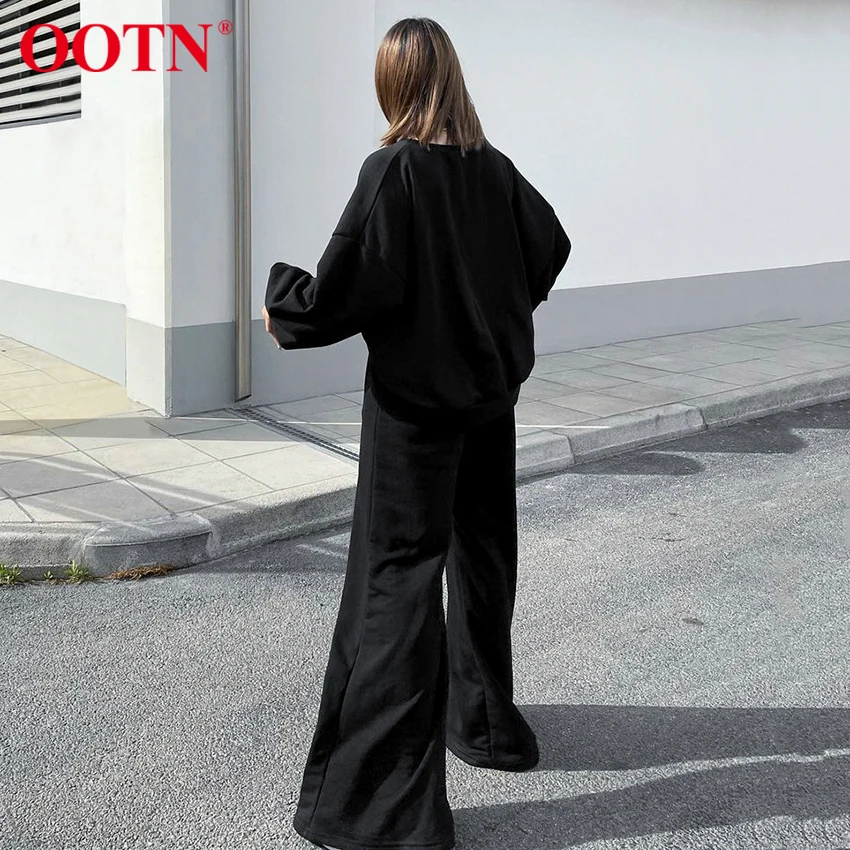 

OOTN Black Two Piece Set Women Sweatshirt Pants Female Winter Autumn Casual 2021 Women'S Clothing Wide Trousers Knitted Suit