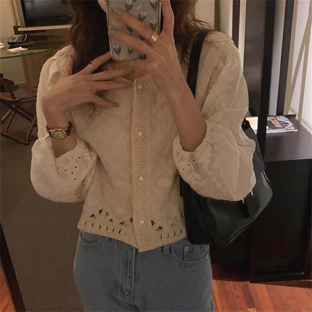 

Alien Kitty Apricot Elegant Shirts Autumn Sweet 2021 Cotton Linen Hollow Out Hot OL Casual New Loose Women Streetwear Tops Chic