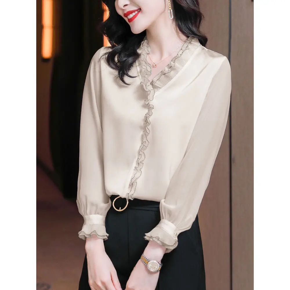 

Casual Chiffon Long-sleeved Bottoming Shirt Women's New 2021 Fashion Autumn Office Korean V-collar Blusa Tops