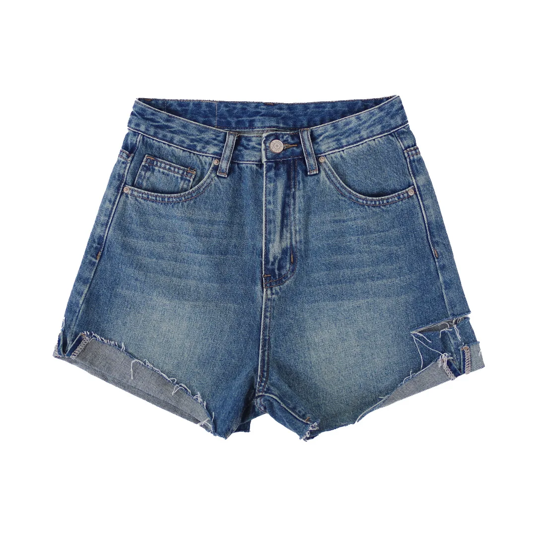 

Hemming design women's jeans High waist retro blue wide-leg A-line thin women's denim shorts