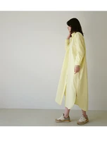womens v neck long sleeved yellow buttoned slit pocket cotton and linen series casual loose and comfortable gown solid