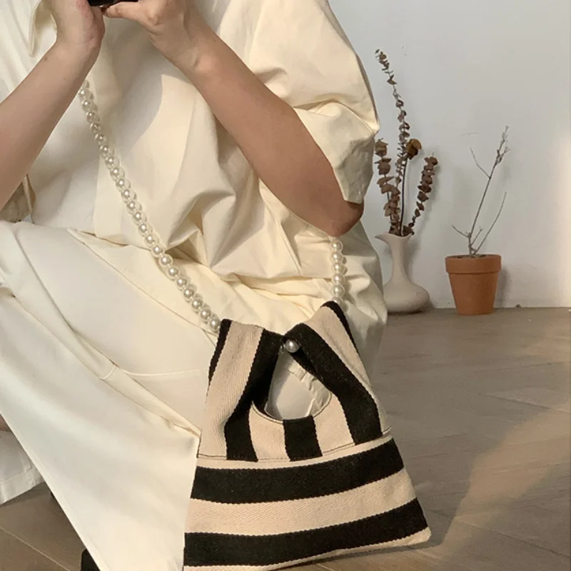 

Stripe Handbags Canvas Shoulder Bags Pearl Women Strap Ladies Crossbody Bags for Women Fashion Female Tote Messenger Gift