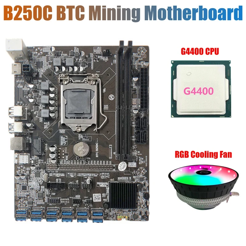 

B250C Mining Motherboard with RGB Fan+G4400 CPU 12 PCIE to USB3.0 GPU Slot LGA1151 Support DDR4 DIMM RAM for BTC Miner
