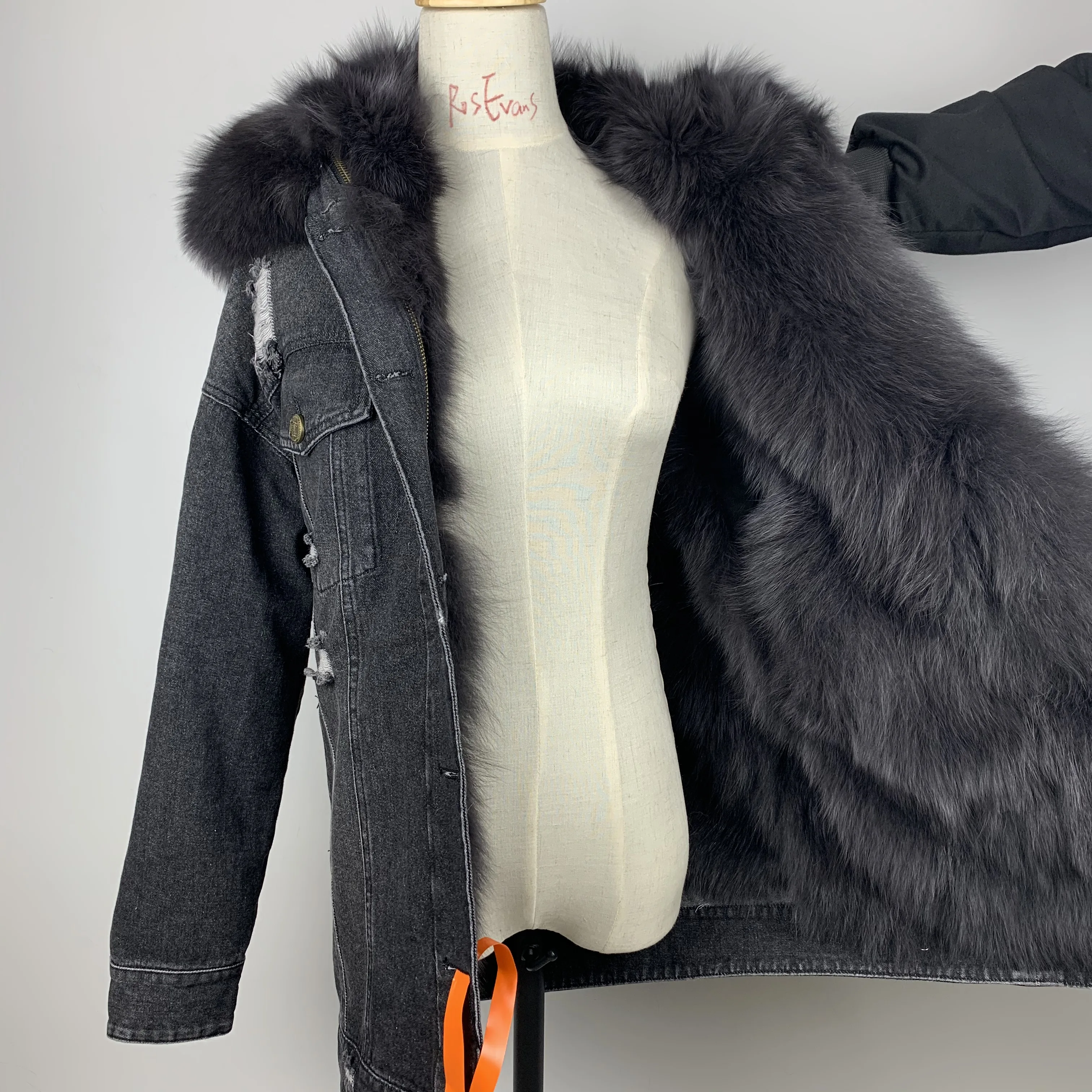FOX DENIM Black Denim Jacket Katana Trimmed with Natural Fur Woman Parkas 2021 New Fashion Real Fox Fur Coat Oversized Fur Hood