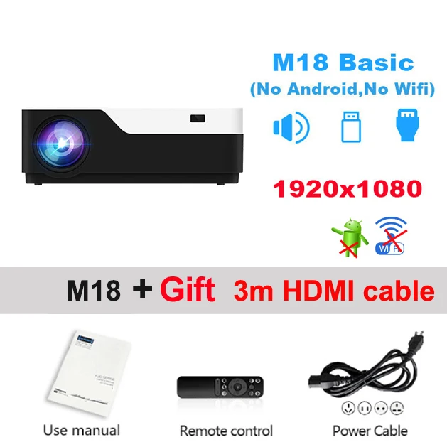 M18 No android Vivicine M18 1080p светодиодный проектор, дополнительно Android 9,0 HDMI USB PC Full HD домашний мультимедийный видеопроектор - Цвет: M18 No android