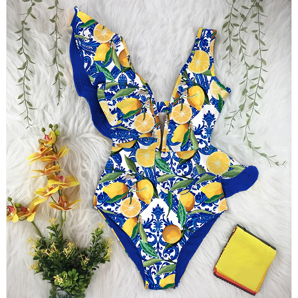 

One Piece Swimsuit 2021 Print Plus Size Swimwear Women V-Neck Belt Monokini Sexy Ruffle Bathing Suits Push Up String Beach Wear