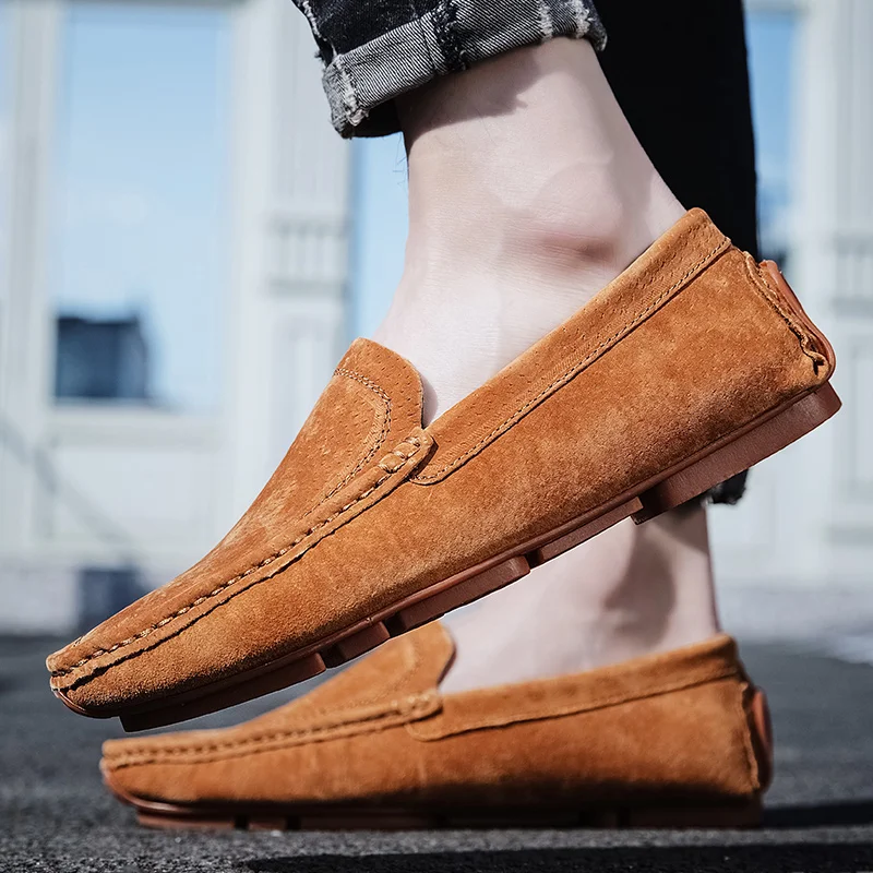 Мужские замшевые мокасины без застежки повседневные уличные туфли на плоской