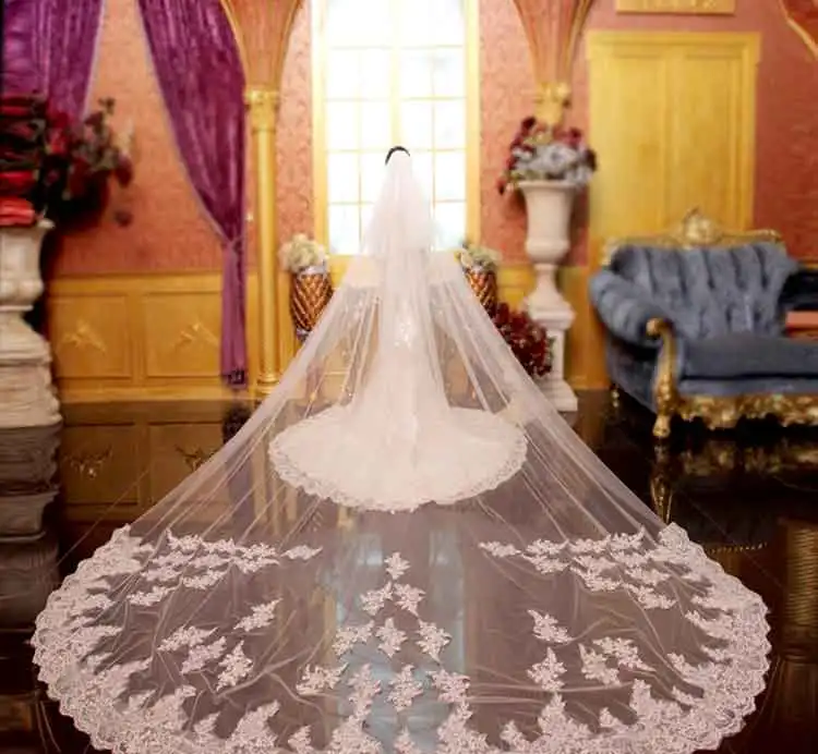5 метров полная кромка с кружевом блестящая двухслойная Длинная свадебная вуаль