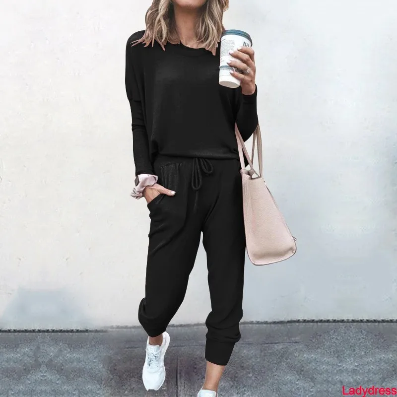 

2020 new Autumn 2 Pieces Set Women Elegant Pant Sets Female Casual Outfits Jogger Two Piece Set Korean Sports Suit Black Cotton