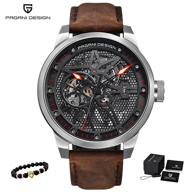 Модный Роскошный бренд Pagani кожаный Tourbillon часы Автоматические Мужские часы Мужские механические стальные часы Relogio Masculino+ коробка - Цвет: L-silver red