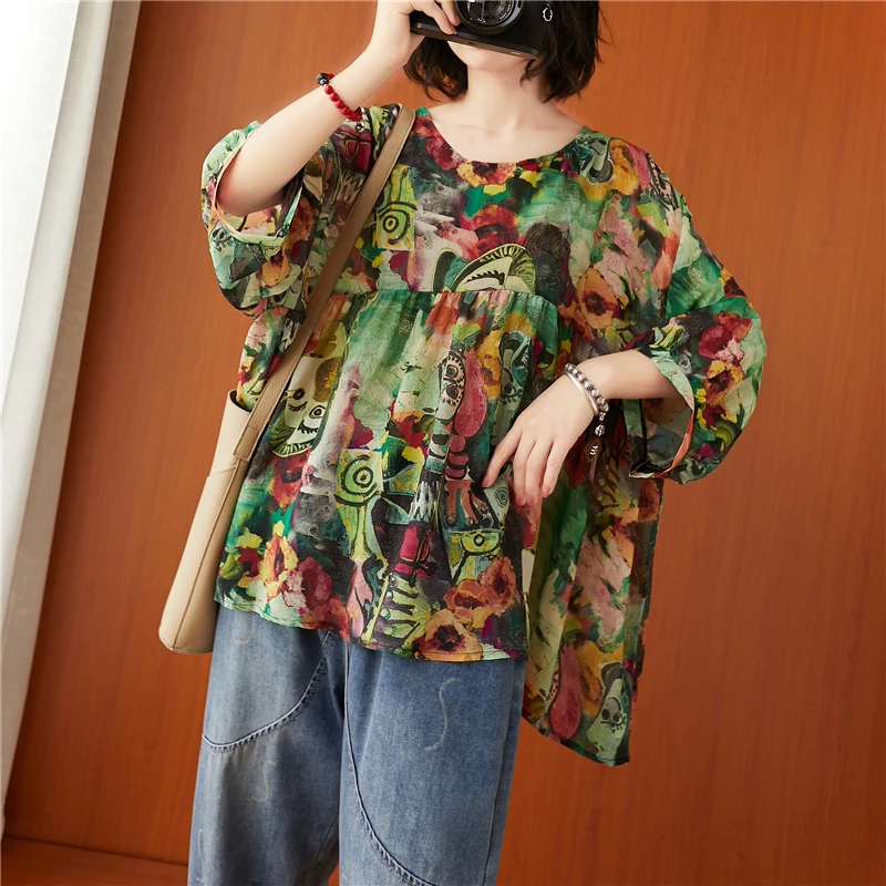 Oladivi de talla grande estampado de moda Blusa de gasa de mujer Primavera Verano 2021 nuevo 3/4 de manga suelta gran tamaño superior Tee grande túnicas