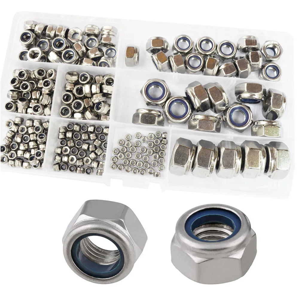 

240pcs Nylon Lock Nut 304 Stainless Steel M2 M2.5 M3 M4 M5 M6 M8 M10 M12 Hex Hexagon Self Locking Nut Assortment Kit