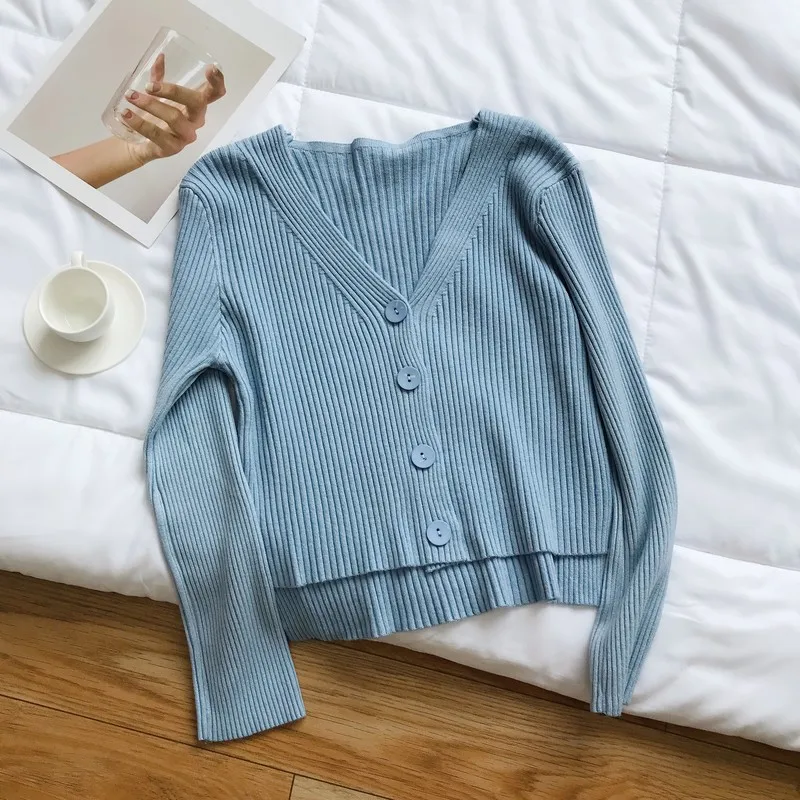 2019 осенний вязаный черно-белый женский кардиган с 4 пуговицами и v-образным