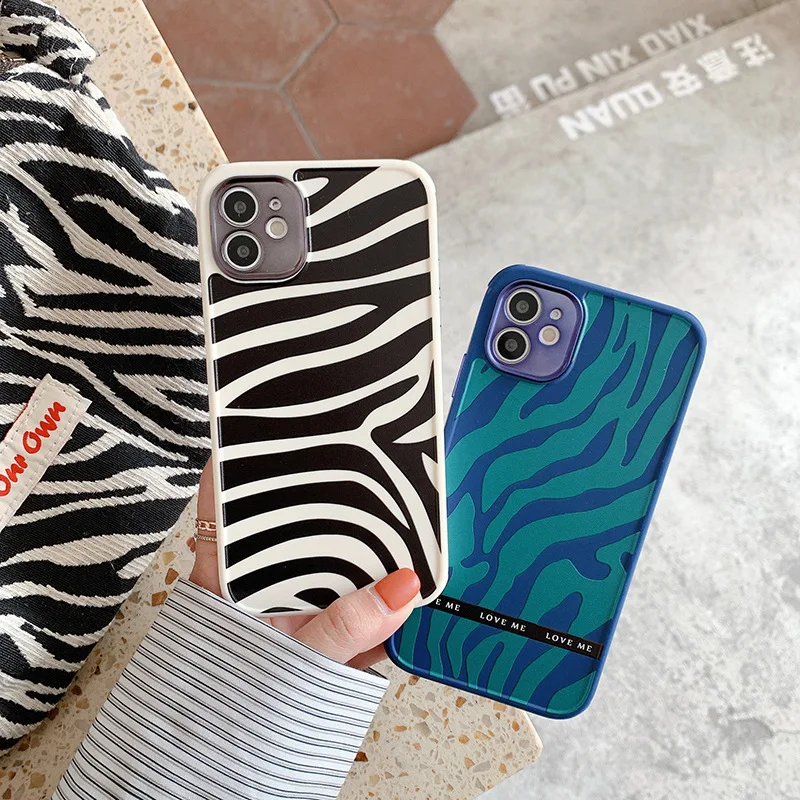 

Luxury Zebra Print Animal Pattern Phone Cases For iPhone 12 11 Pro Max 7 8 Plus X XR XS SE 2020 Metal Lens Protection Soft Cover