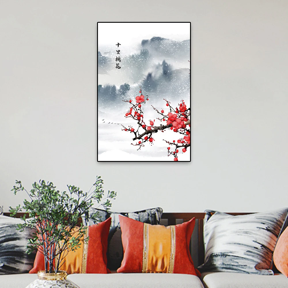 

Laeacco Canvas Posters Painting Chinese Style Landscape Peach Blossom Plum Flower Prints Pictures Modern Home Living Room Decor