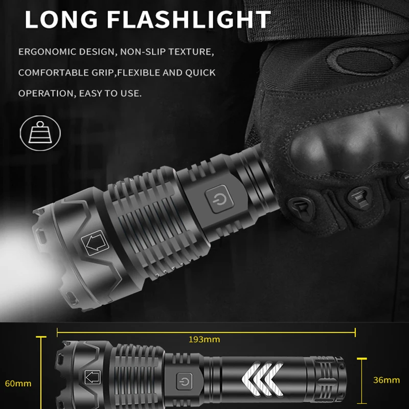 Comprar Linterna LED Ultrabrillante De 90000 Lúmenes, Resistente Al Agua, Iluminación Con Zoom XHP160, 5 Modos, Lámpara De Carga USB Multifunción