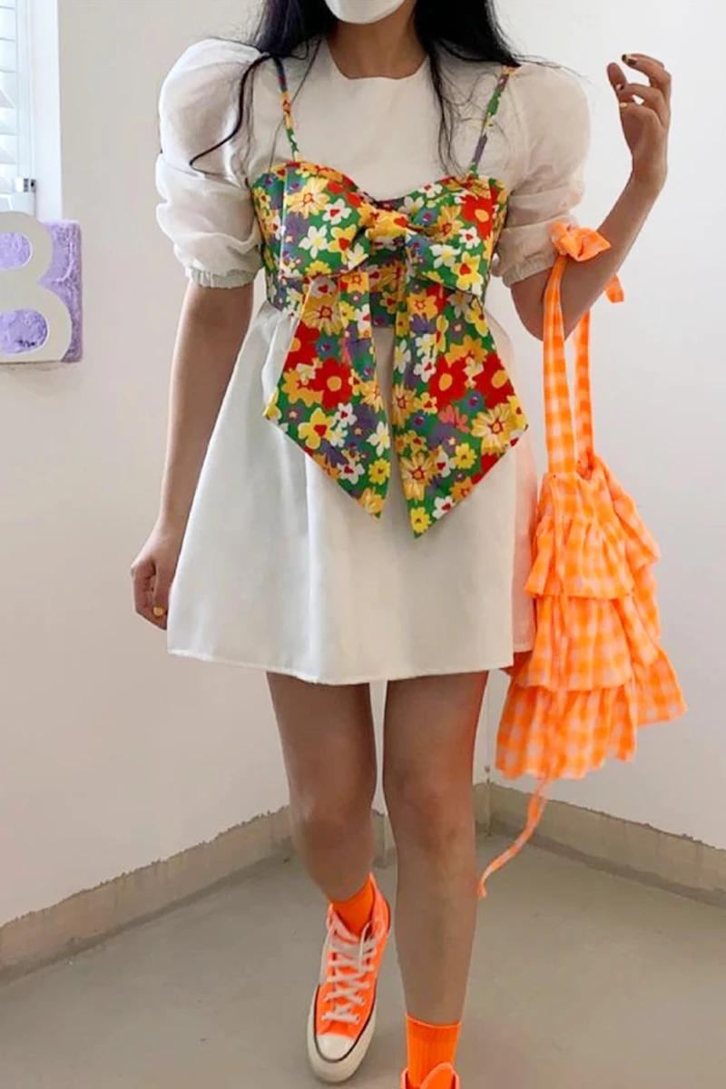 

Korejpaa Women Sets 2021 Summer Korea Playful Round Neck Puff Sleeve Shirt Dress Flower Color Bow Knot Wrapped Chest Small Sling