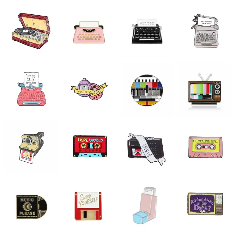 Creative cartoon retro tape TV radio record typewriter metal Brooch classic personality pin accessories clothing bag decoration