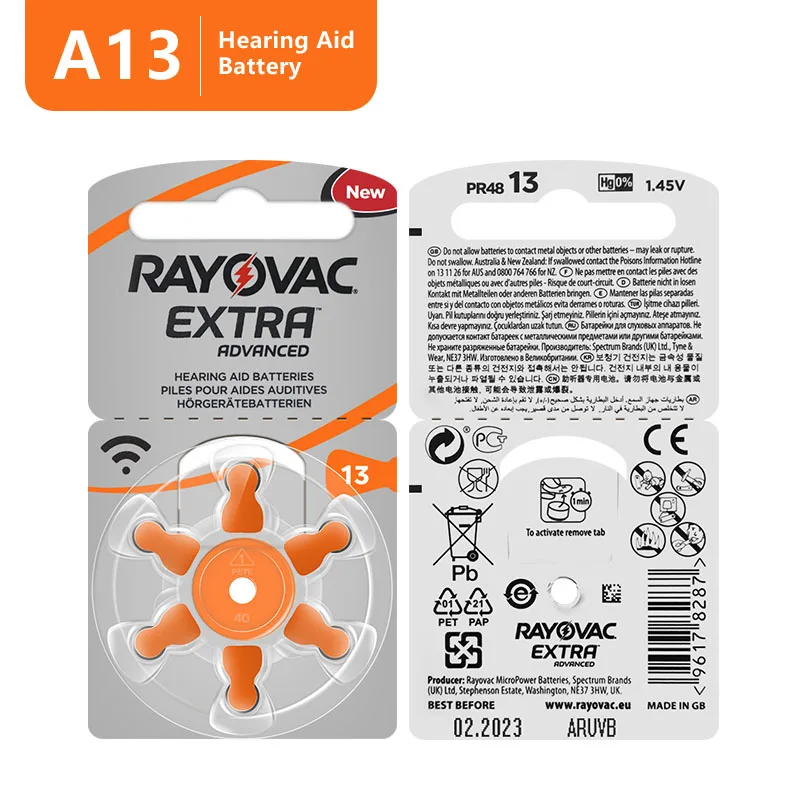 

Zinc Air Battery For BTE CIC RIC OE Hearing Aids 60PCS / 10 Cards RAYOVAC EXTRA Hearing Aid Batteries 1.45V 13A A13 13 P13 PR48