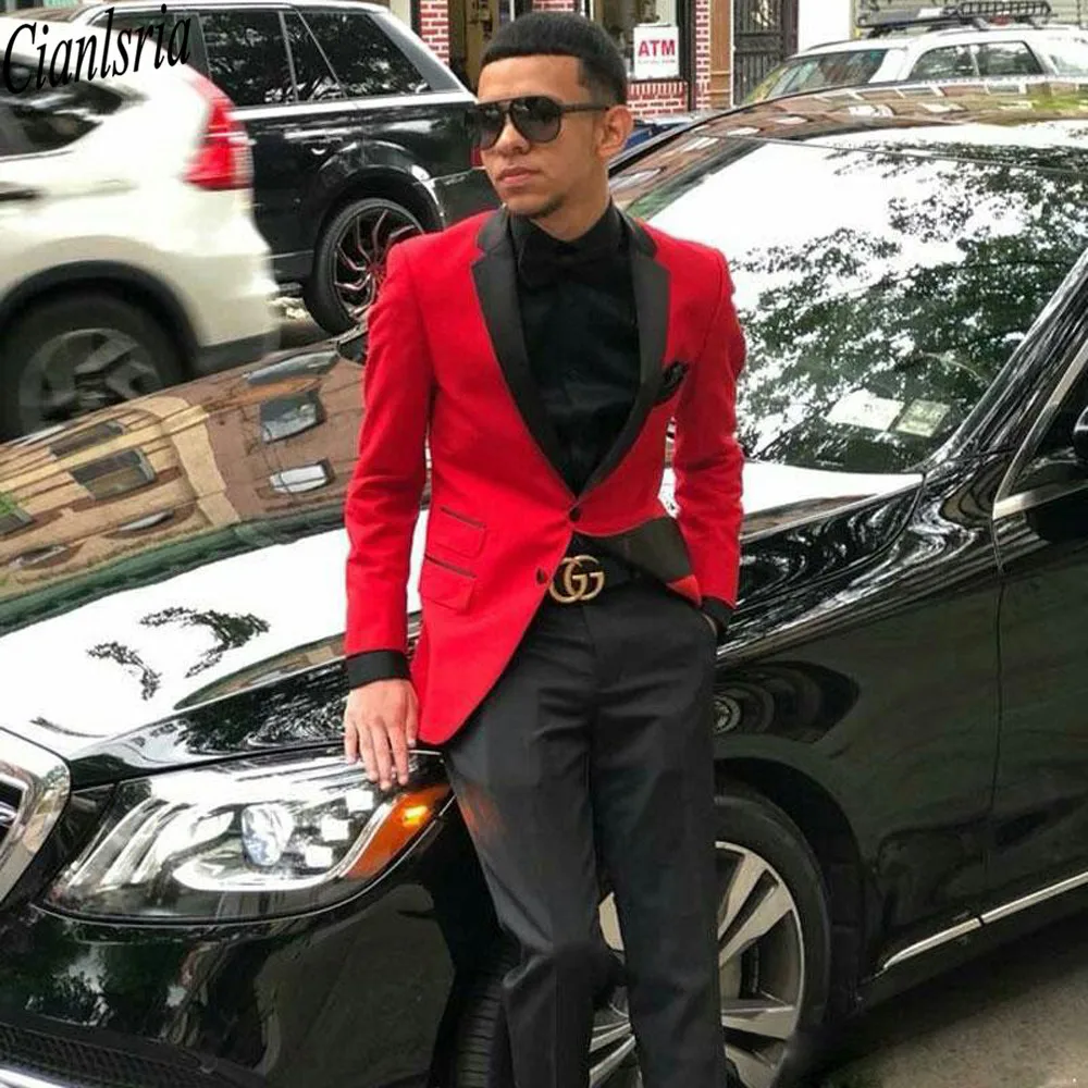 

Latest Slim Fit Red Jacket and Black Pants Mens Tuxedos for Wedding Notched Lapel Two Buttons Men Prom Suits(Jacket+Pants)