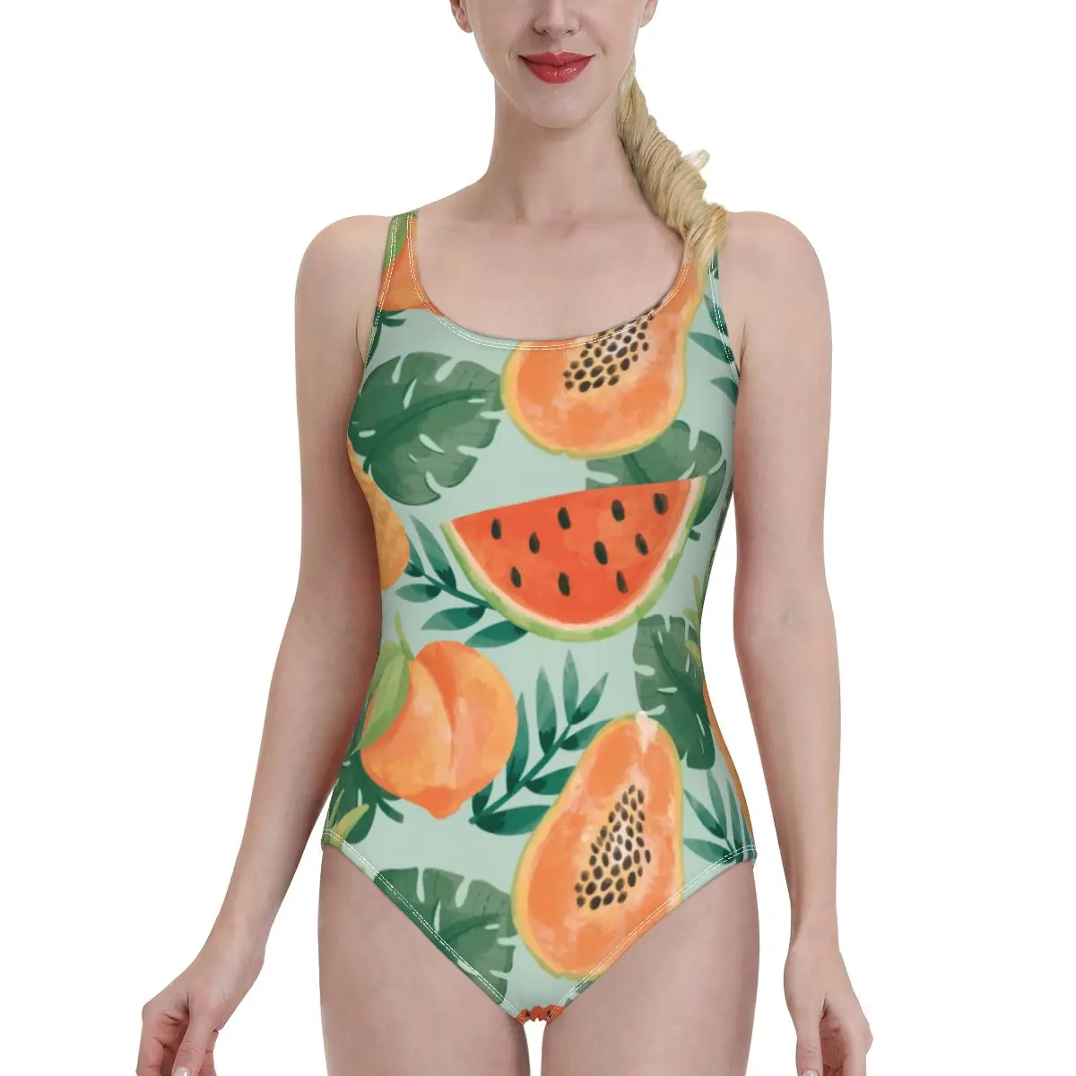 

2021 Women Swimwear Sexy One Piece Swimsuit Backless Bathing Suit Bodysuit Beachwear Swim Colorful Summer Tropical Fruits Leaves