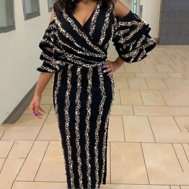 

African Long Maxi Dress Women's Bazin Stripe V-Neck Off The Shoulder Bodycon Daily Evening Party Dress African Dresses For Women