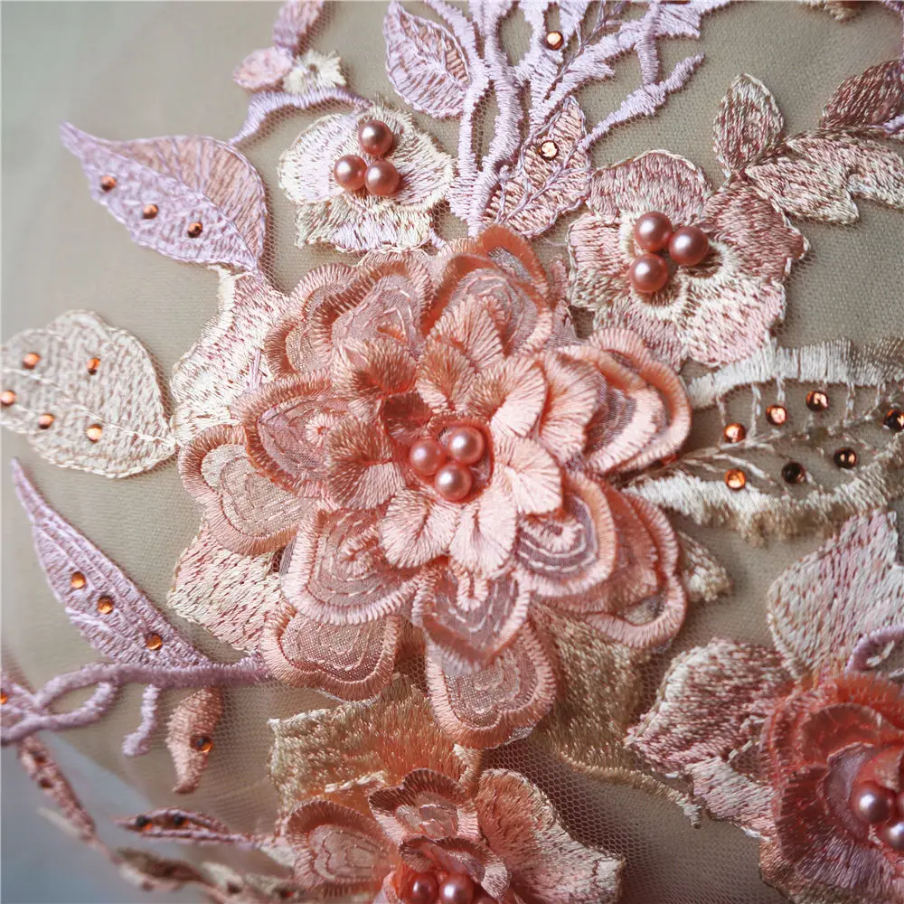 Apricot Pink Beads Lace Fabric Sequin 3D Flowers Embroidered Gown Appliques Collar Mesh Sew Patch For Wedding Dress Decoration | Дом и сад