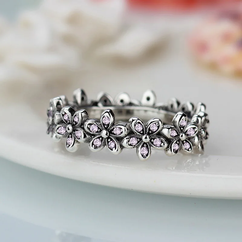

HOMOD Silver Color Flowers Brand Finger Rings Dazzling Daisy Meadow Stackable Ring, Clear CZ For Women Wedding Jewelry