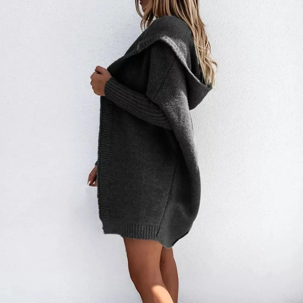 

New Solid Color Fashion Women Sweater 2021 Autumn Winter Long Sleeve Hooded Knitting Cardigan Mid-length Women Coat