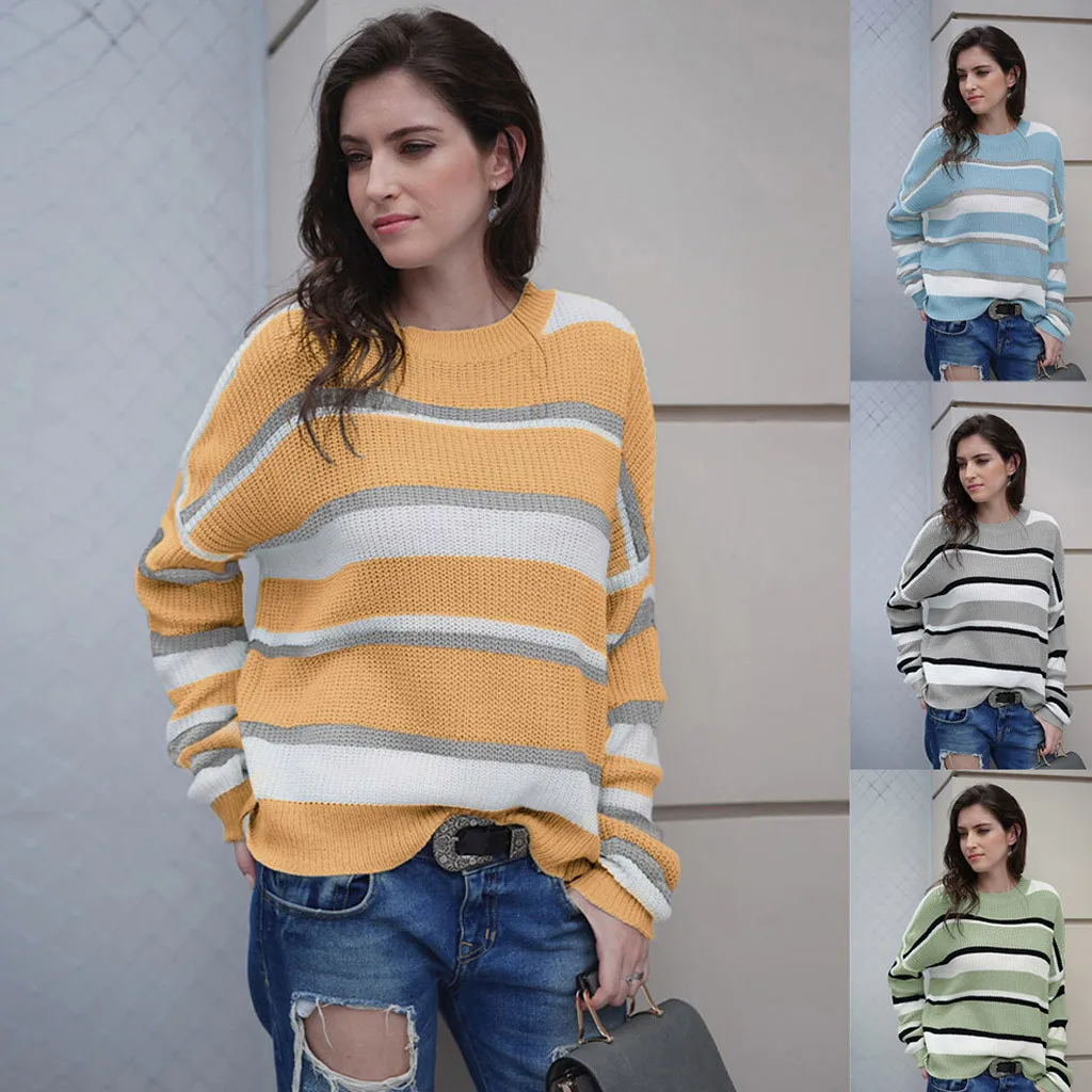 

FREE OSTRICH Sweater Women Multicolor Stitching Long Sleeves O-Neck Striped Cute Autumn And Winter Sweaters Women Invierno 2019