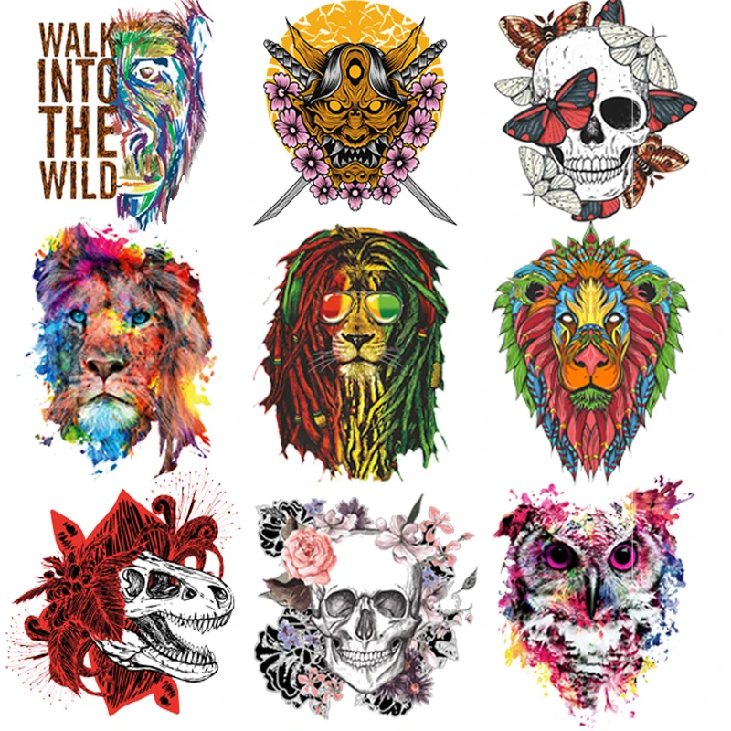 

Pulaqi Punk Animal Patch Heat Transfer Stickers Skull Stripes For Clothing Kids T-shirt Lion Owl Patches for Clothes Applique