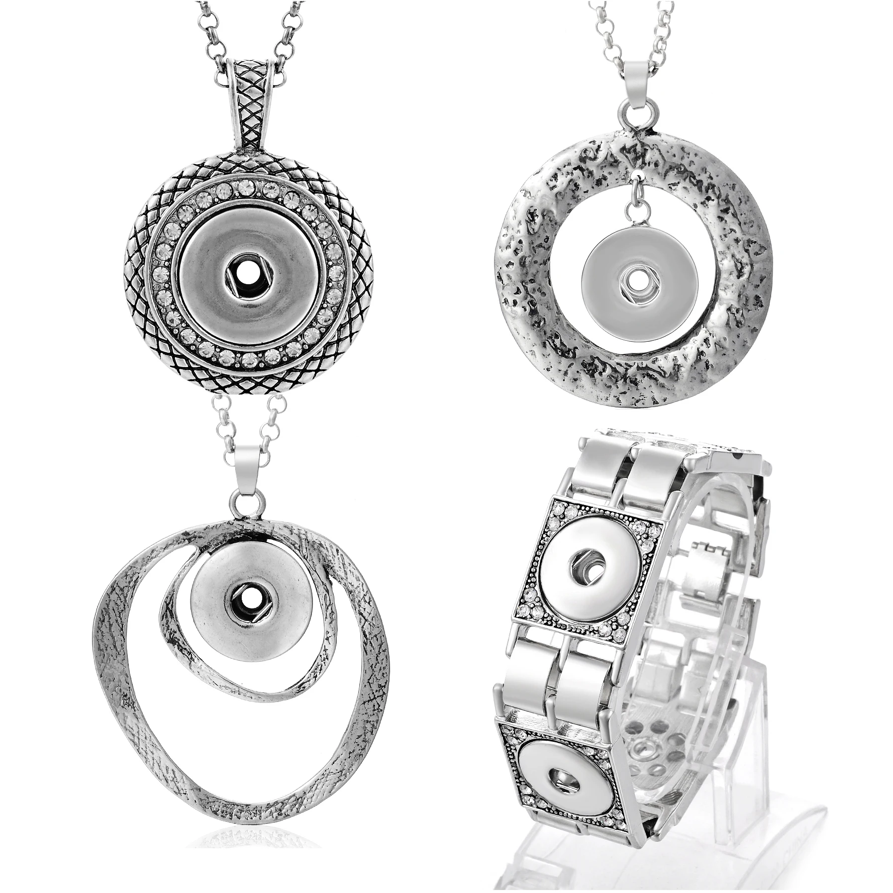 

Interchangeable Jewerly Ginger Snap Button Pendants Necklace with Crystal Stainless Steel Chain NN-032
