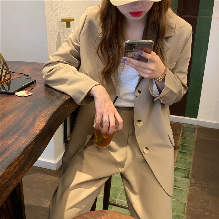 HziriP Autumn All Match Office Lady OL Style Solid Elegant Blazer+Straight Casual Loose Trouser Women Suits 2 Piece Sets