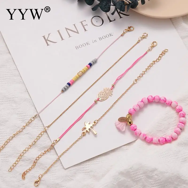 5 шт. розовый женский изящный браслет набор из стеклянных бусин хлопковый шнур