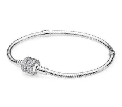 

Hot 925 Sterling Silver Bracelet Signature Clasp Crystal Snake Chain Bangle Fit Women Bead Charm DIY Fashion Jewelry