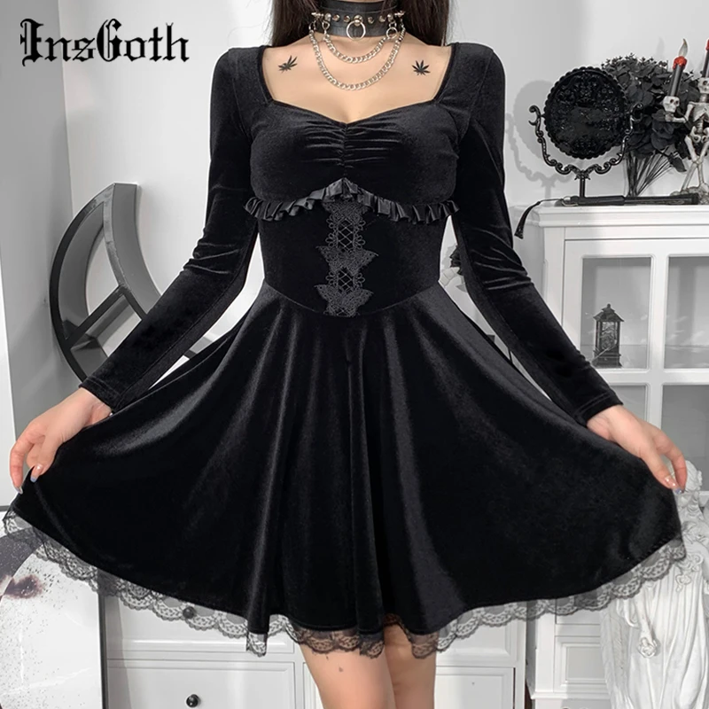 InsGoth Goth Mini abito Vintage in velluto nero elegante abito in corsetto a vita alta Tirm in pizzo