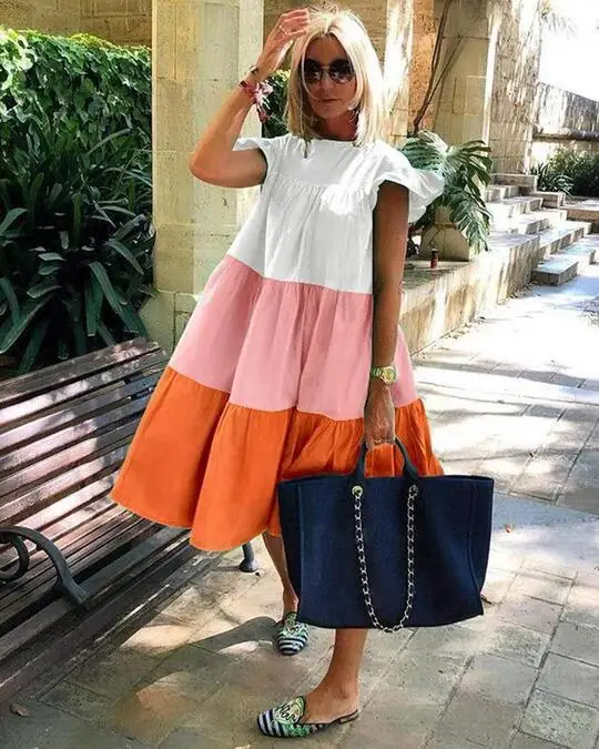 

Elegant Patchwork Hit Color Dress Women O Neck Half Sleeve Oversize Casual Midi Dresses Female Summer Clothes