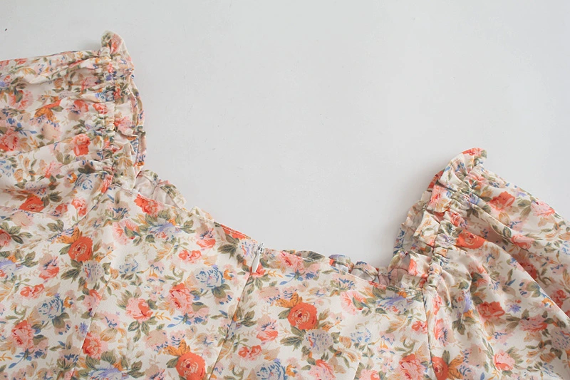 

Splend Moda Printed Dress Women Summer 2021 Square Collar Side Drawstring Vintage Floral Folds Puff Sleeve Dresses Zipper